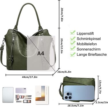 Сумка жіноча TANTOMI елегантна вінтажна, велика сумка-шопер через плече з м'якого матеріалу, знімний ремінець, темно-зелена