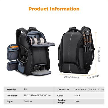 Фоторюкзак K&F Concept 25L: Водонепроникний рюкзак для фототехніки з захистом від дощу, відділенням для ноутбука 16 дюймів (чорний)