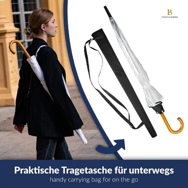 Logan & Barnes Transparent Wedding Umbrella with Real Wood Handle - 120cm Large Umbrella for 2 People - Cardiff XL Model - 120cm Transparent Umbrella with Black Trim