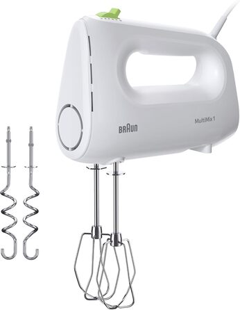 Braun Household MultiMix 1 HM 1110 WH Hand Mixer - Handheld Mixer with 4 speed settings plus Turbo, FastMix Technology, EasyClick, including whisk and dough hooks, one-hand operation, 450W, White White MultiMix 1 - including whisk & dough hooks