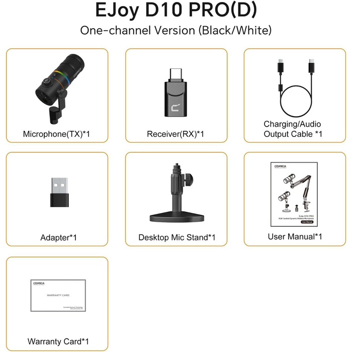 Мікрофон Comica D10 Pro D з RGB-підсвічуванням та підставкою для стрімінгу, геймінгу, TikTok та подкастів (Чорний)