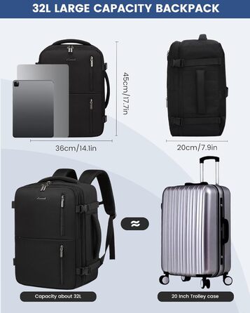 LOVEVOOK Рюкзак для подорожей, ручна поклажа, 40x30x20 см, 24л, для ноутбука 14/15.6 дюймів, чорний