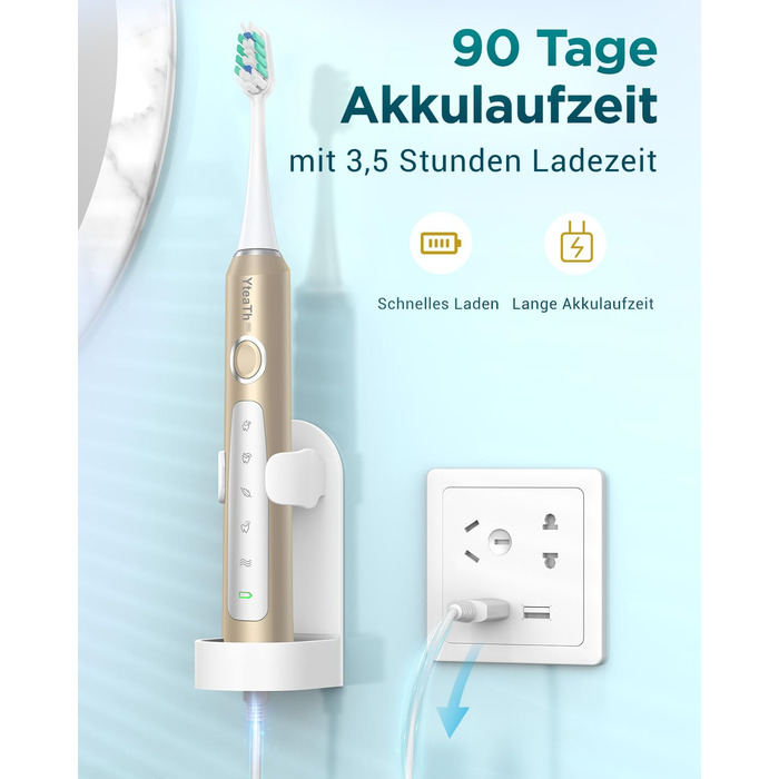 Електрична звукова зубна щітка для дорослих з 8 насадками та кейсом для подорожей, 5 режимів, водонепроникна IPX7, до 90 днів роботи від акумулятора (Золота)