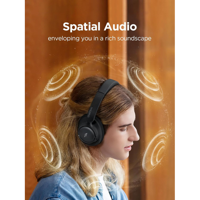 1MORE HQ31 Бездротові навушники Bluetooth Over-Ear з активним шумозаглушенням, 90 годин роботи, Hi-Res Audio, об'ємним звуком, чітким дзвінком, швидкою зарядкою, EQ в додатку, чорний