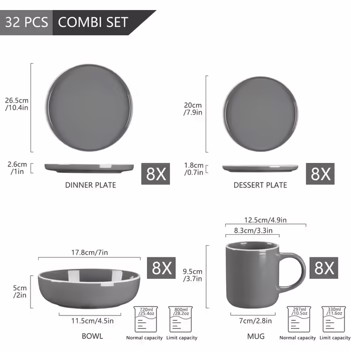 Tableware Stoneware, vancasso SESAM Dinnerware Set, 32-Piece Combination Set, with Cake Plates, Dinner Plates, Coffee Cups and Bowls, Scandinavian Design for 4-12 People 32-Piece Combination Set Dg