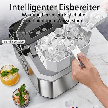 Льодогенератор Eiswürfelmaschine 24 год, 9 кубиків за 6 хв, 2 розміри льоду (Bullet), самоочищення, 14 кг, ручка, лопатка, кошик для вечірок, офісу, кемпінгу