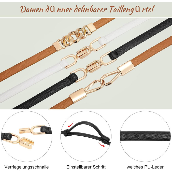 Жіночі тонкі ремені WHIPPY (2 шт) - чорний + коричневий, 105 см, для талії до 95 см. Тонкий шкіряний ремінь з металевою золотистою пряжкою. Підходить до суконь та іншого одягу.