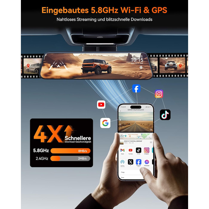 WOLFBOX Дзеркало-відеореєстратор 12' 4K з камерою заднього виду, WiFi, IPS-сенсорний екран, GPS, G-сенсор, Park Monitoring, 32GB, G840H