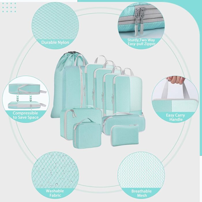 Органайзер для валізи Avmvnvc, 10-Piece Packing Cubes для одягу, компресійні мішечки для пакування, органайзер для валізи з косметичкою, туристичний органайзер для рюкзака та валізи, чорний (синій)
