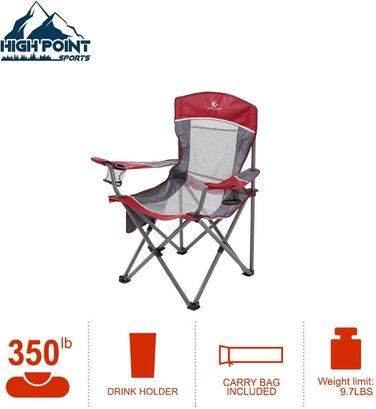 Крісло для кемпінгу High Point Sports: складне, для риболовлі, з підлокотниками, міцний сталевий каркас, до 160 кг, чорний/червоний