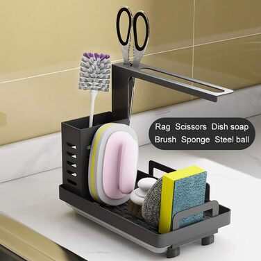 Shunfaji Sink Organizer Sink Caddy Organizer Stainless Steel Utensil Basket for Kitchen & Bathroom with Drain Pan, Adhesive Countertop Dual-Use Sponge Brush Soap Dish Holder