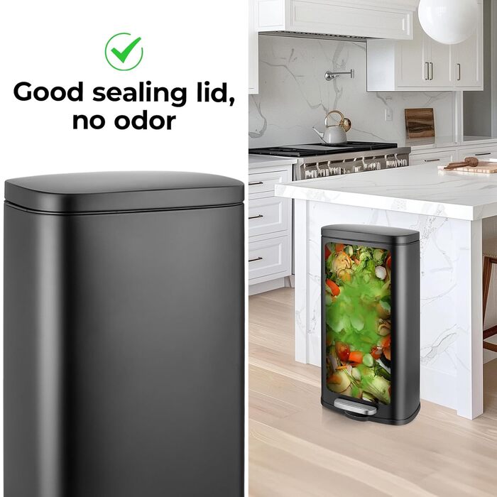 Відро для сміття LIFERUN 30л з кришкою, з м'яким закриттям, сталеве, з внутрішнім відром, для кухні, ванної кімнати, офісу, чорне