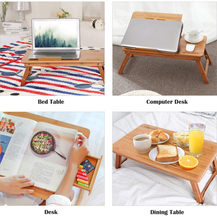 Столик для ноутбука Bathwa з бамбука, регульований, складаний, з ящиком (55 x 35 x 29 см)