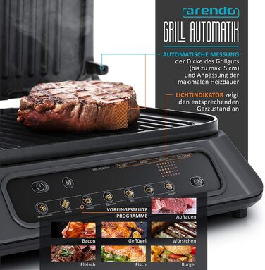 Arendo Electric Grill - Contact Grill, Tabletop Grill & Sandwich Maker with Digital Control - 1900W, 7 Programs, Removable Plates, Stainless Steel