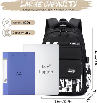 Шкільний рюкзак Tanou для хлопчиків-підлітків, принт графіті, водонепроникний, 10-18 років, для школи, гімназії, старшої школи (чорний/білий)