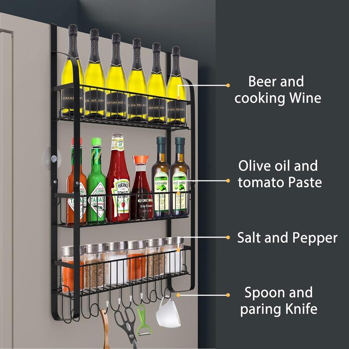 Carbon Steel Refrigerator Shelf, 3-Piece Spice Rack No Drilling, Hanging Shelf with 8 Hooks, Hanging Kitchen Shelf, Spice Organizer with Adhesive Strips