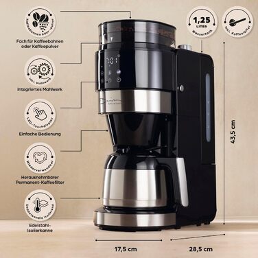 Кавомашина Barista Filterkaffeemaschine з регульованим млинком та термокружка | Функція підігріву, таймер 24 год та перманентний фільтр | Для 10 чашок кави | Кавомашина для зерен та меленої кави [Нержавіюча сталь] (8) Нержавіюча сталь (Pro Design) - Термо