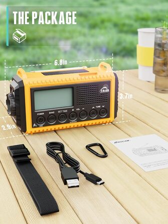 Радіо на батареї 12000mAh з ручним генератором та сонячною панеллю | AM/FM/SW, SOS, USB-C, IPX4, ліхтарик, для кемпінгу та відпочинку на природі, жовте
