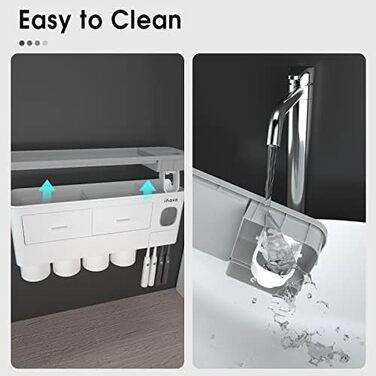 iHave Toothbrush Holder Wall Mounted, 4 Cup Toothbrush Holder with Toothpaste Dispenser - Tray with Large Capacity, 2 Cosmetic Drawers - Bathroom Organizer Storage, White