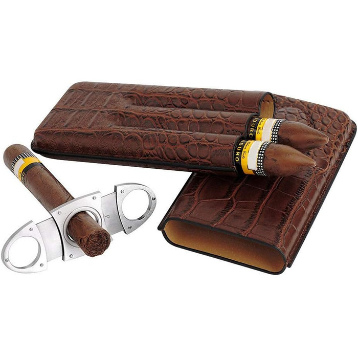 Вишуканий тютюнець PIPITA з натуральної шкіри крокодила для 3 сигар, з інтегрованим різаком та зручною сумкою для подорожей (колір: коричневий)