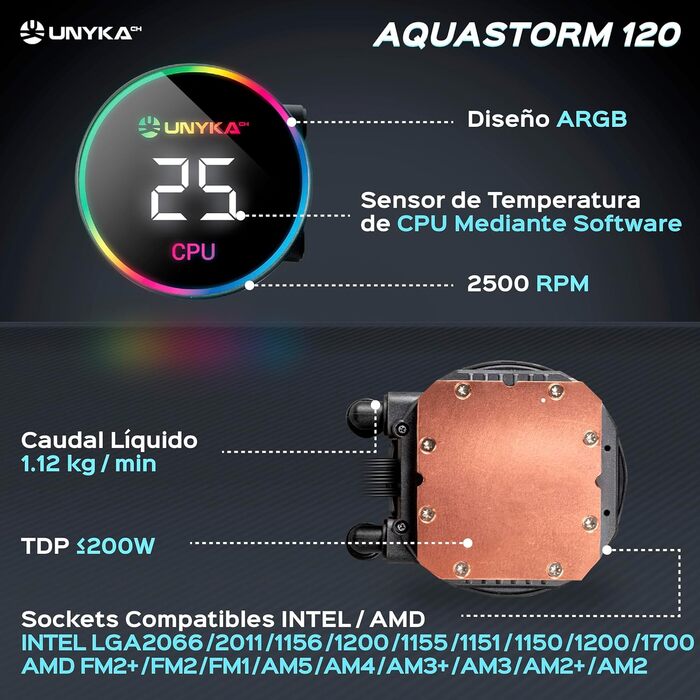 UNYKAch AQUASTORM Black 120 - Рідинне охолодження CPU з RGB вентилятором та датчиком PWM