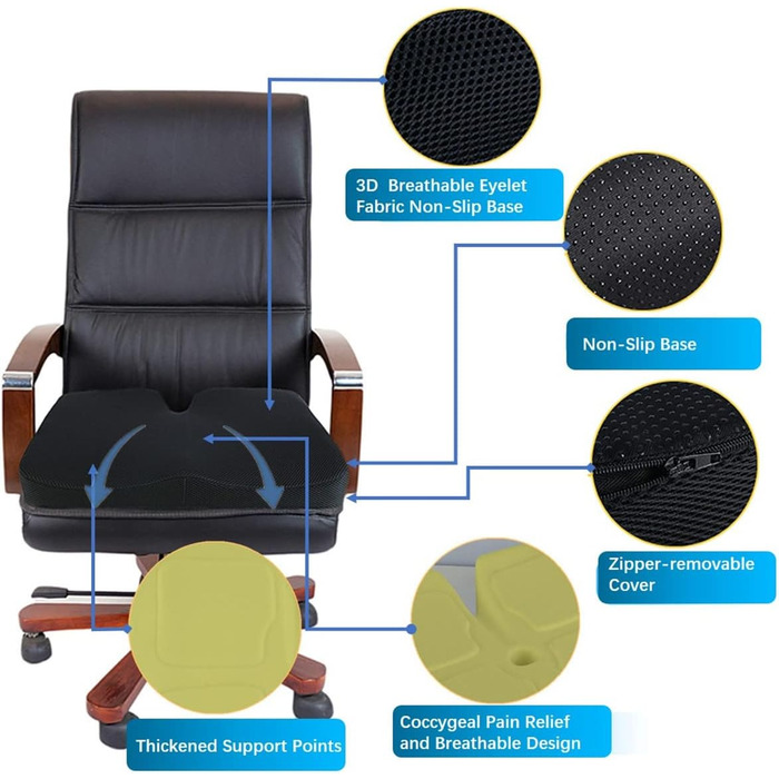 Подушка для сидіння з піни Memory Foam, товста та широка, для підтримки куприка, офісного крісла, геймерського крісла, автосидіння та інвалідного візка