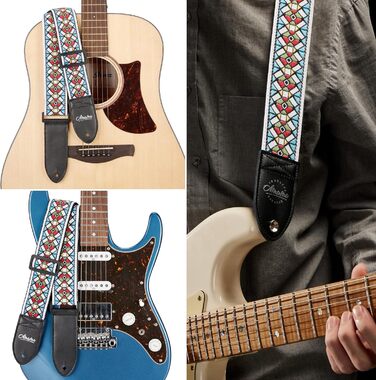 Гітарний ремінь Amumu з бавовни з вишивкою троянд та шкіряними кінцями для бас-, електро- та акустичної гітари, з фіксатором для голівки та блоками для ременя (Білий)