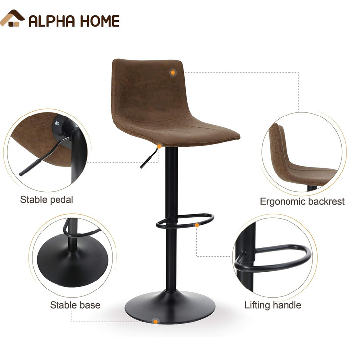 ALPHA HOME Барні стільці 2 шт. Регульована висота, поворотні, для кухні, з підніжкою та спинкою, PU шкіра, коричневі