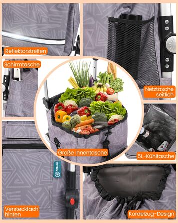 Складаний візок для покупок Homecall 50л з охолодженням, 3 в 1: візок, сумка, таскач, з принтом Geometrie, стандартні колеса