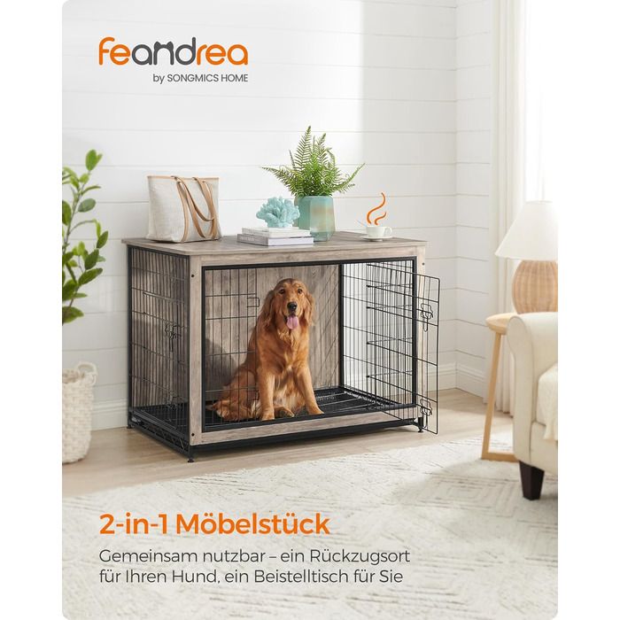 Клітка для собак Feandrea з приставним столиком, переноска, сучасна будка для собак до 36 кг, міцна, для дому, знімний піддон, 2 двері, PFC004X01 (112 x 75 x 82 см, Greige)