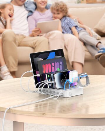 Зарядна станція SooPii USB 60W/12A, 6 портів з PD 20W для iPhone/Samsung, тримач для Apple Watch, 6 кабелів у комплекті - біла