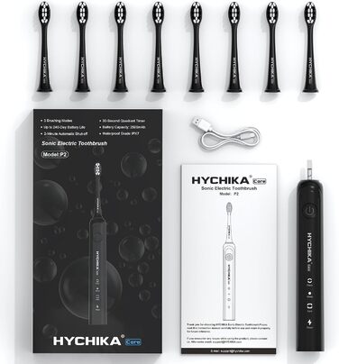 Електрична зубна щітка для дорослих з акумулятором 240 днів, 8 насадок, 3 режими, таймер 2 хв, IPX7 водонепроникна, чорна