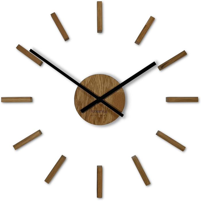 FLEXISTYLE 3D Wall Clocks DIY Oak Large 50-75CM (Thickness 19MM!) for Office Living Room Bedroom Decoration, z54g eco75 d-1-x (Oak/Black 2, HolzSimple)