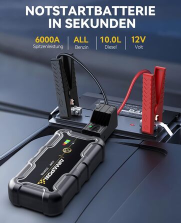 Powerbank для запуску двигуна AIMAPOW Starthilfe 6000A 12V - для бензинових авто, дизельних (10.0L) з LED-ліхтариком та великим екраном, бустер для акумулятора SUV, мотоцикла, газонокосарки