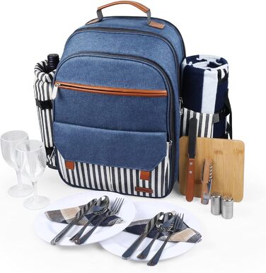 Sunflora Picnic Backpack Set for 4 People with Insulated Cooler and Blanket, Picnic Basket for 4 People for Camping and Outdoor Activities (Blue & Stripes, 2 Person)