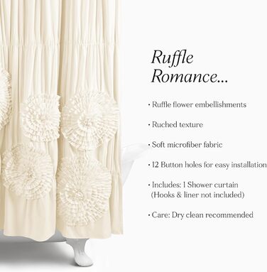 Шторка для душу Lush Decor Serena з рюшами, 183 x 183 см – квітковий дизайн з рюшами, розкішна, вінтажний гламур, стиль кантрі, кольору слонової кістки