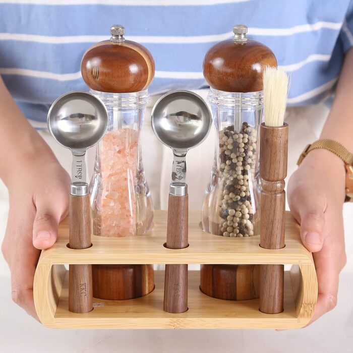 Набір для солі та перцю KKC з дерева, 8 дюймів, з регульованим керамічним механізмом, лопатки та щітка для дому та ресторану