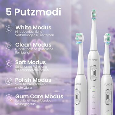 Електрична зубна щітка YUNCHI C2 з 40000 вібрацій на хвилину, звукова щітка для дорослих, зарядка USB-C, акумулятор на 55 днів, 5 режимів чищення, таймер 2 хвилини, 8 насадок, дорожній футляр, чорний (C2 фіолетовий та білий)