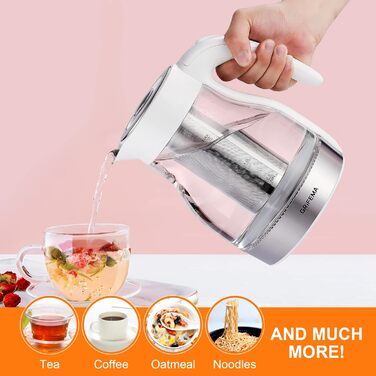 Електричний чайник GRIFEMA 0.8L, 1100W з фільтром від накипу, тихий, швидкий, BPA-Free, для подорожей, автоматичне вимкнення, захист від перегріву, білий (скло з ситом 1.7L)