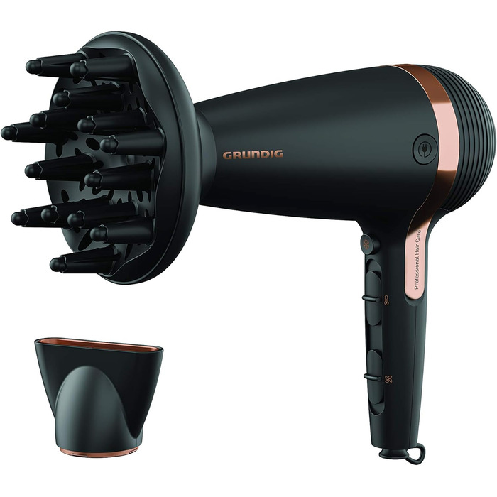 Фен GRUNDIG Naturashine HD 7081 з іонізацією, керамічним захистом, Cool Touch насадкою, 2100 Вт, 3 температурні та 2 режими повітряного потоку, холодна функція, знімний кабель, чорний / рожеве золото