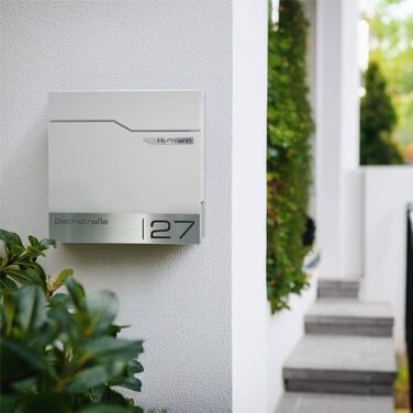 Поштовий ящик Metzler Thobe сучасний, сталевий корпус з нержавіючої сталі, з табличкою для імені, білий, з відділенням для газет