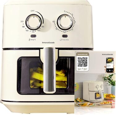 Аерофритюрниця InnovaGoods Vintage 6,5 л, 1700 Вт, з віконцем, антипригарний кошик, таймер, 360° циркуляція повітря, понад 100 рецептів, для 4-6 осіб, кремова