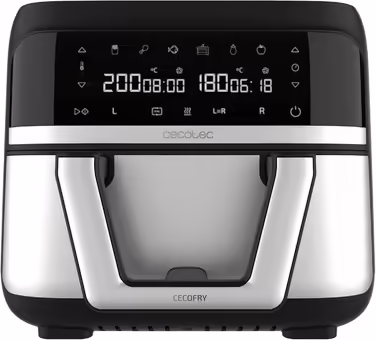 Cecotec Oil-Free Hot Air Fryer - 9L divisible into 2 - Air Fryer Cecofry Dual 9000. 2850W, dietary and digital, touch panel, dual temperature control, 6 modes, PerfectCook technology Black and Stainless Steel 1 9L basket + divider