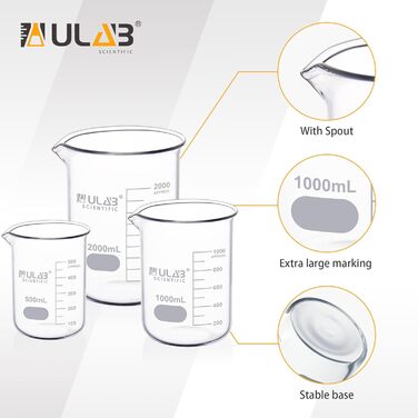 ULAB Scientific набір мірних склянок 500/1000/2000 мл, боросилікат 3.3, низька форма з градуюванням