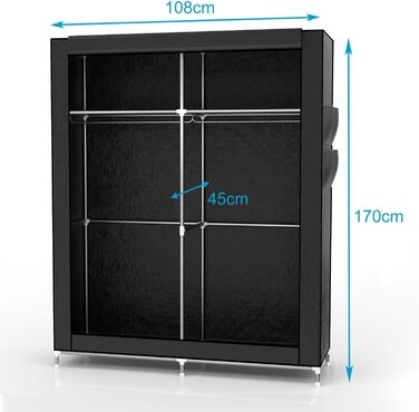 INTIRILIFE Folding Wardrobe 108x170x45 cm in Raven BLACK - Fabric Clothes Closet with Zipper and Clothes Rail, Side Pocket and Compartments - Shelf Unit, Metal Frame, Storage