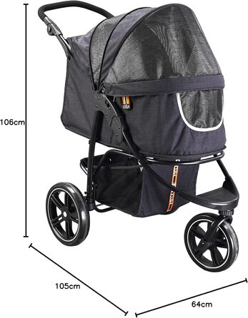 COOPER Складаний собачий візок до 32 кг | Регульована висота ручки, кошик для покупок | М'які ручки, світловідбиваючий дизайн | Ідеальний для транспортування тварин – Чорний