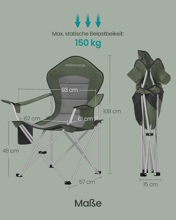 Кемпінговий стілець SONGMICS складаний, зелено-сірий, з підсклянником, тримачем для телефону та органайзером GCB005BH0