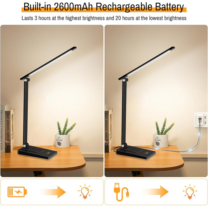 LED лампа настільна Eraylife: бездротова, 800LM, 2600mAh, 5 кольорів, 5 рівнів яскравості, диммування, для дітей, офісу, з USB, чорна