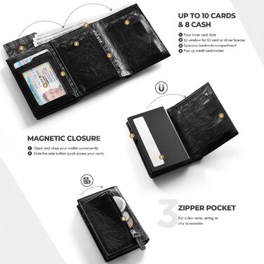 Кредитне шкіряне портмоне VULKIT з RFID-захистом, Pop-Up, з відділенням для купюр, ID-віконцем та монетним відділенням, чорний (Prism)