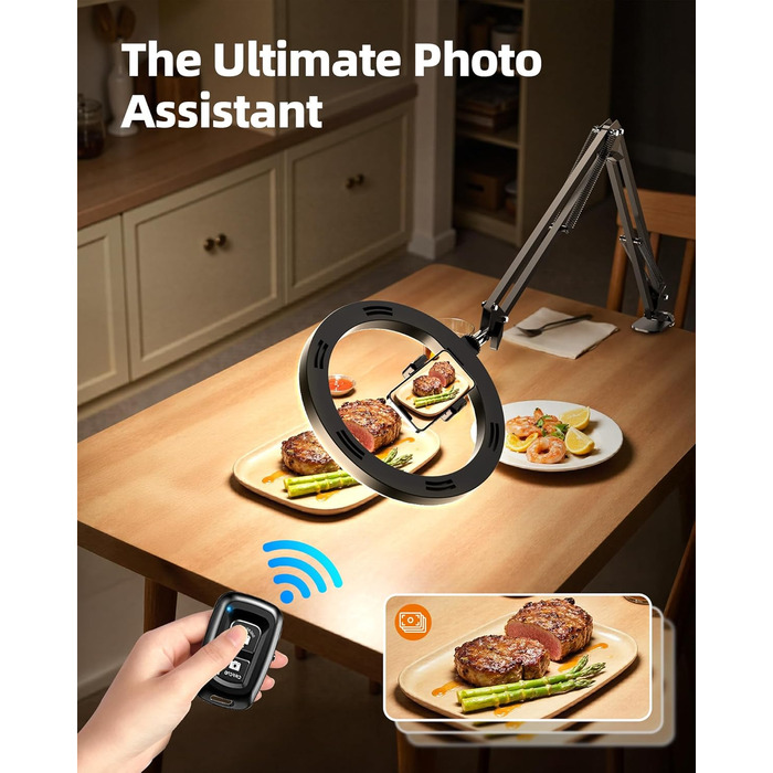 Настільний штатив з кільцевим світлом для кухні та фуд-відео – 10 дюймів | Штатив з кільцевим світлом для зйомки їжі, рецептів, відео та стріму